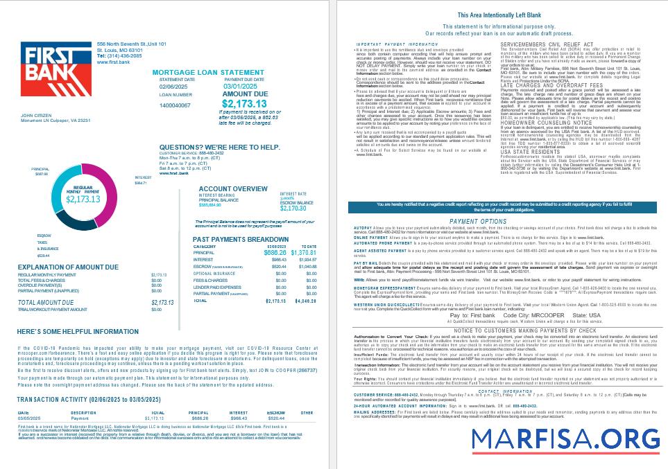 Blank USA Bay First bank mortgage loan statement in Word and PDF formats , 4 pages 1 2 example